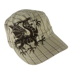 Dragon Graphic Khaki Striped Military Style Cap With Adjustable Back Strap